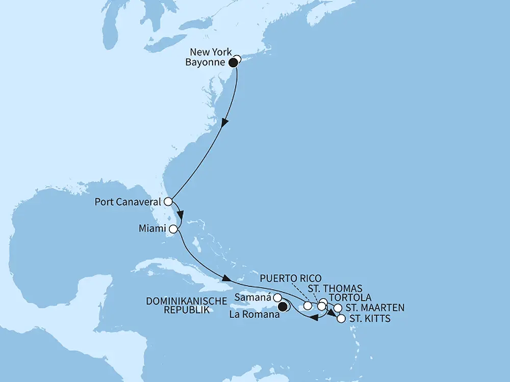 Mein Schiff 1 Angebot der Woche USA Ostküste & Karibiksonne - Bayonne/bis La Romana - Routenbild